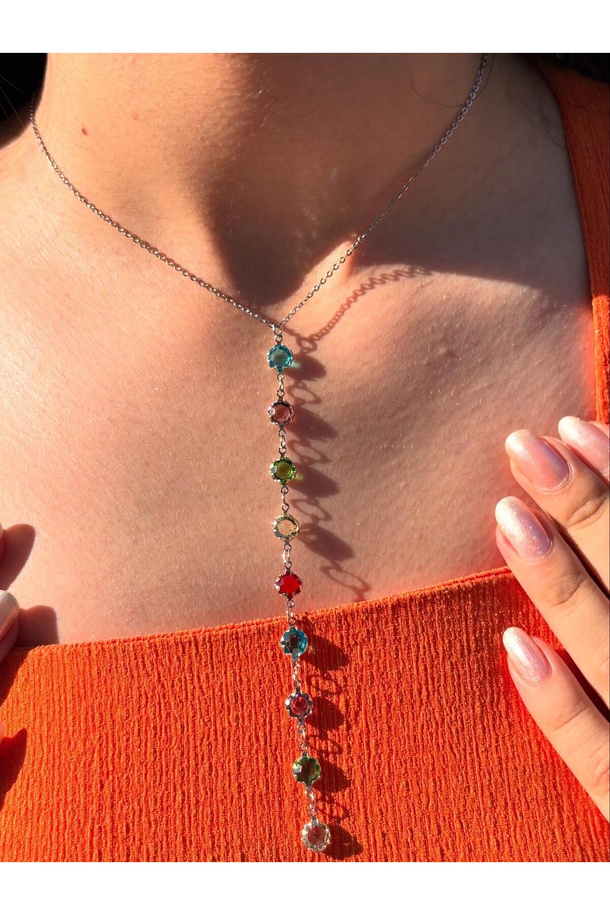 Yeni Sezon Gümüş Renk, Çelik Renkli Taşlı Y Model Kadın Kolye